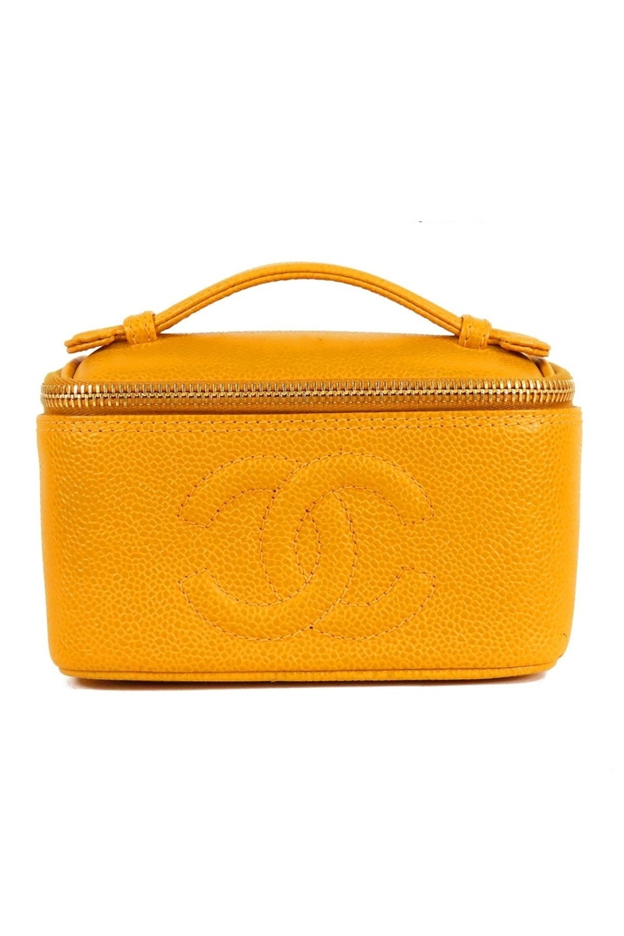 Chanel Vanity Handbag Mustard Gold Caviar Leather with Mirror Coco Stitch Pouch